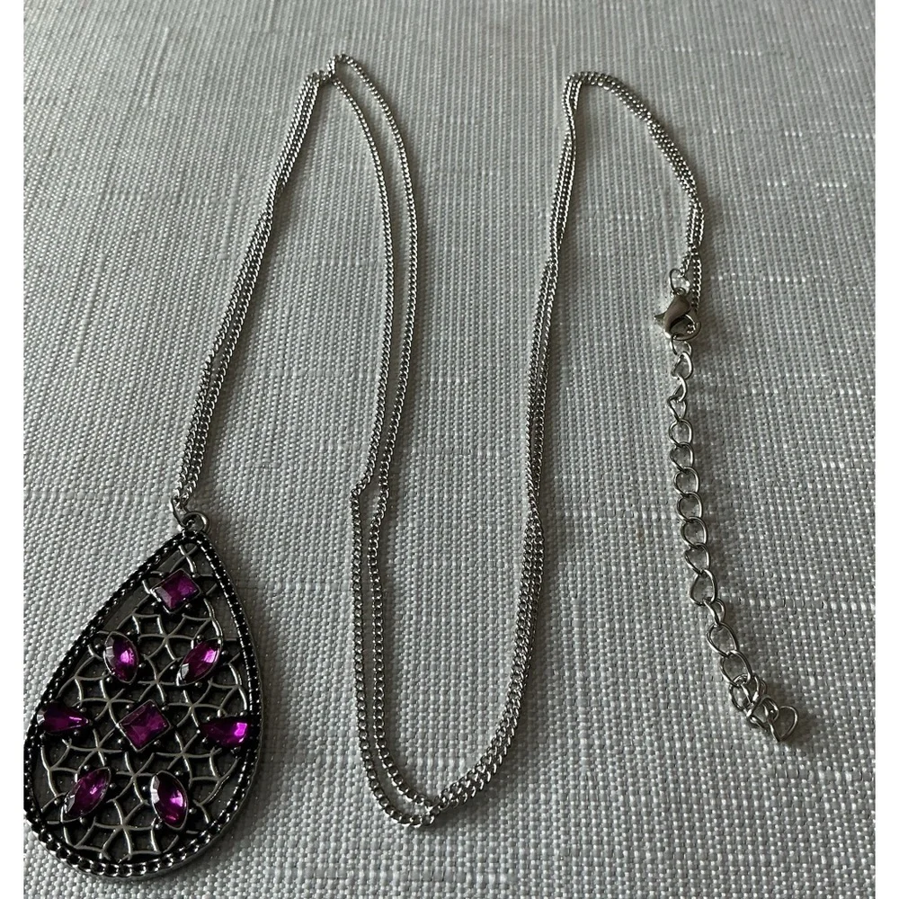 Pink Silver Tone Long Pendant Necklace